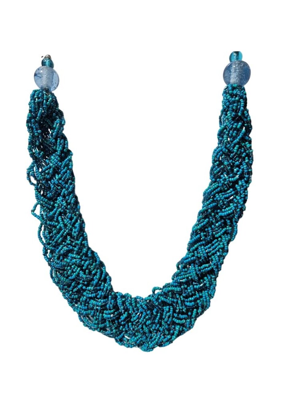 Vintage Handmade Seed Beaded Chunky Rope Necklace Blue Beads Glass Accents
